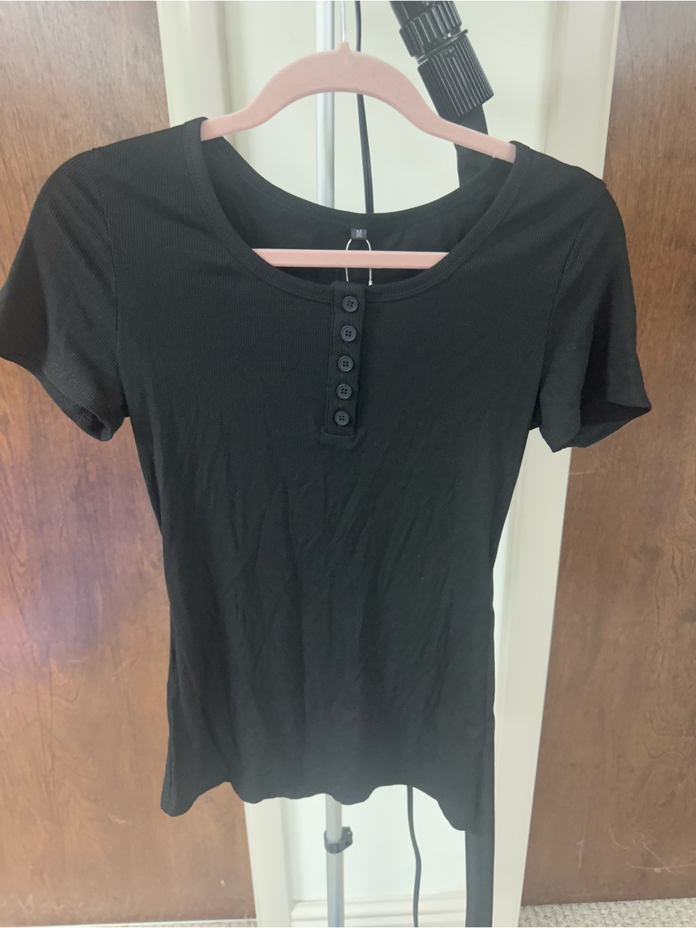 Ribbed Black Short-Sleeve Henley Tee - Women